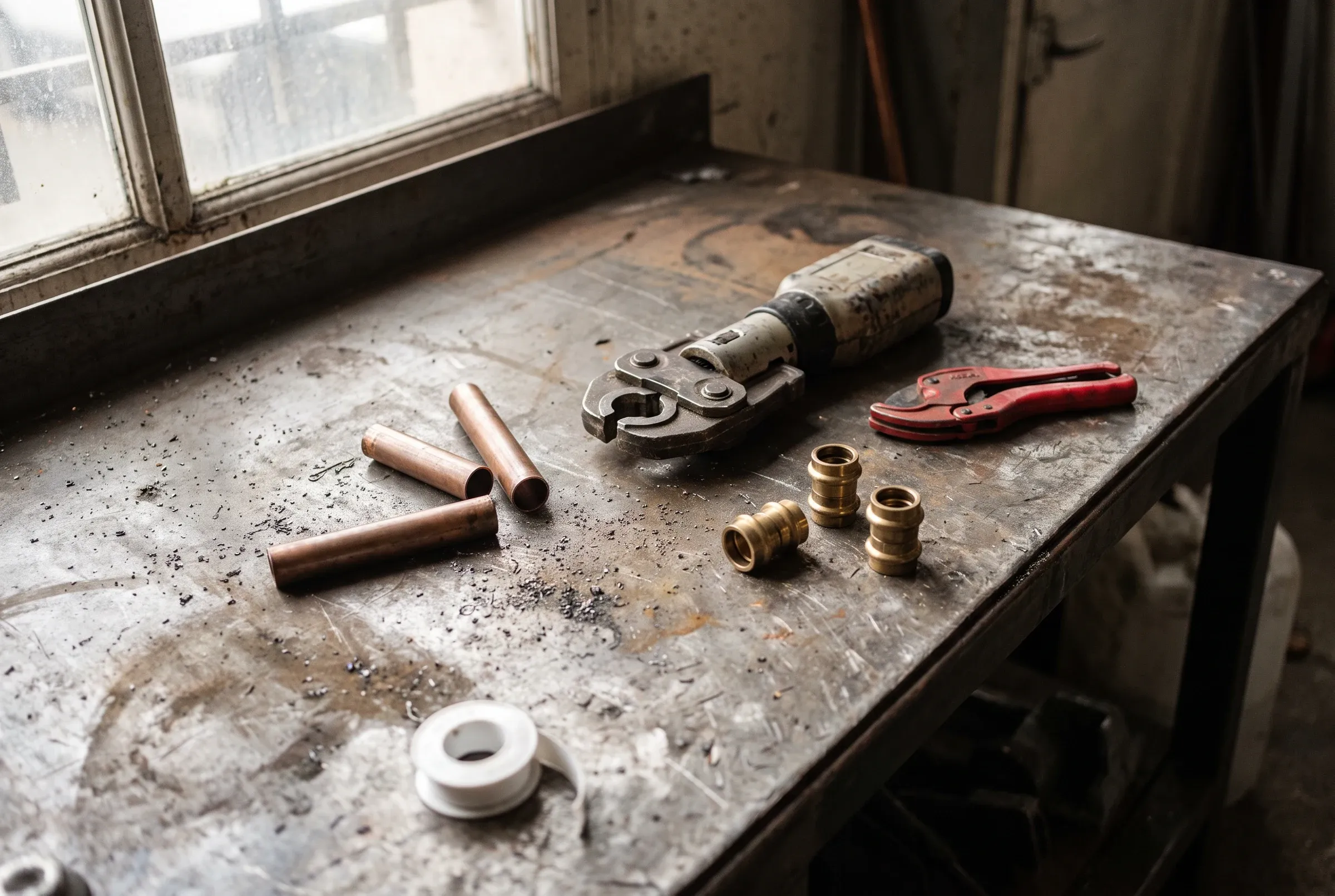 Établi métallique d’atelier avec une sertisseuse électro-hydraulique, des chutes de tube cuivre, des raccords en laiton, un coupe-tube et du ruban PTFE.