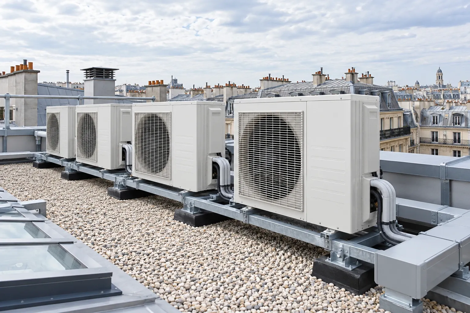 Groupes extérieurs de climatisation neufs sur rails antivibratiles, sur une toiture-terrasse avec vue sur les toits de Paris.