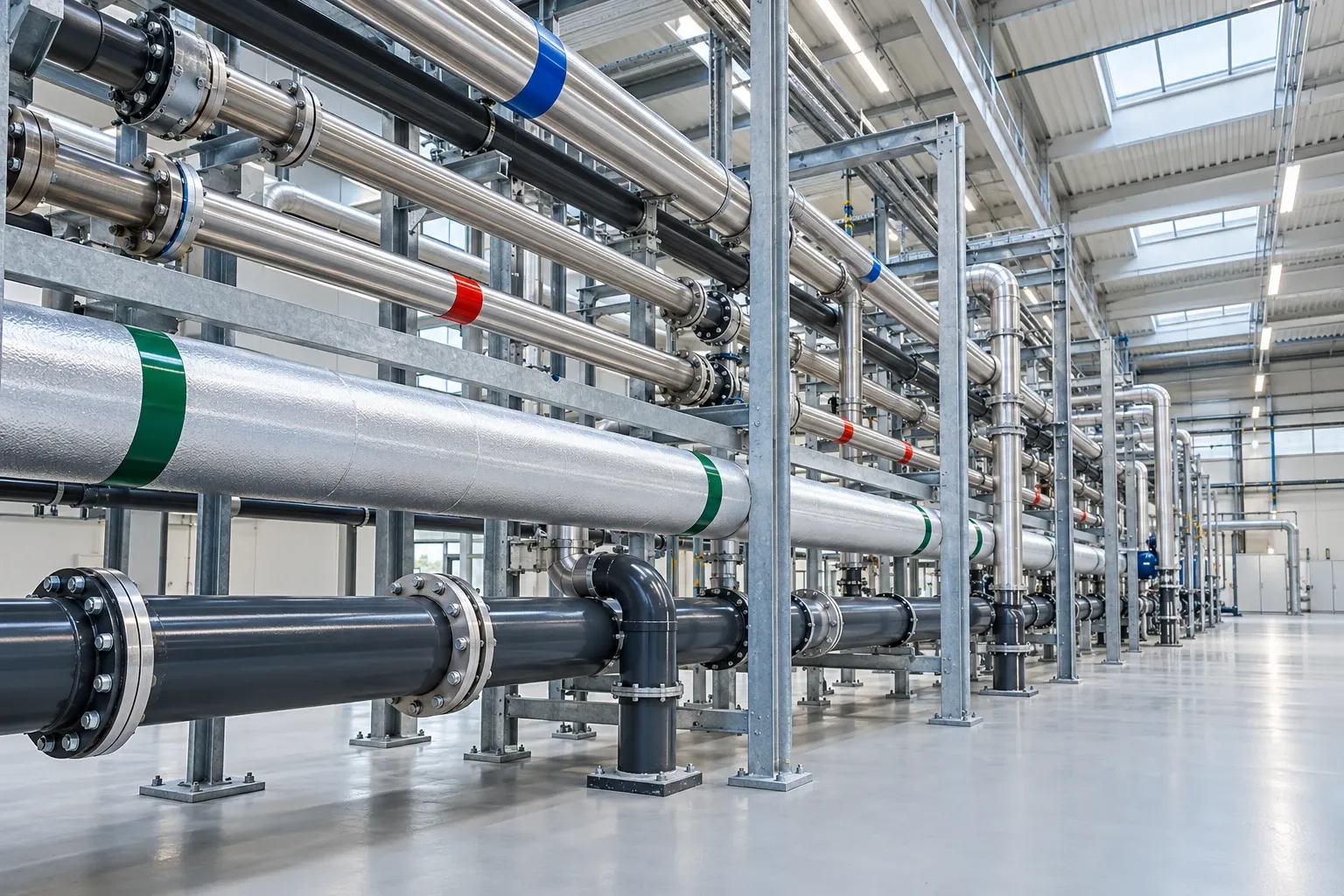Rack de tuyauteries industrielles en inox et en acier sur supports galvanisés, avec brides et bandes de repérage, dans une halle éclairée par des verrières.
